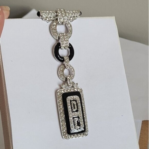 Vintage Art Deco Boho Silver Tone Drop Black Enamel Clear Rhinestone Brooch - Picture 4 of 10